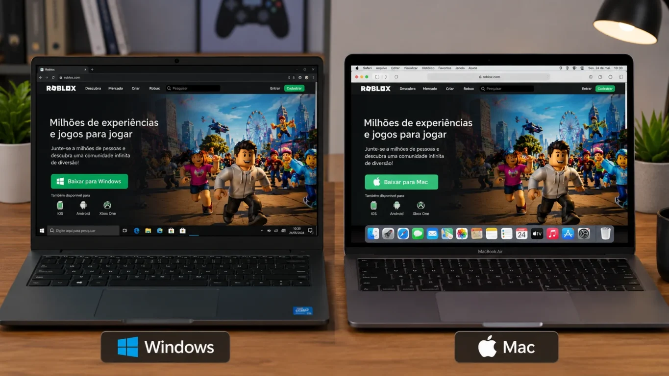 [Imagem: Comparação entre notebook Windows e Mac preparados para executar Roblox.]