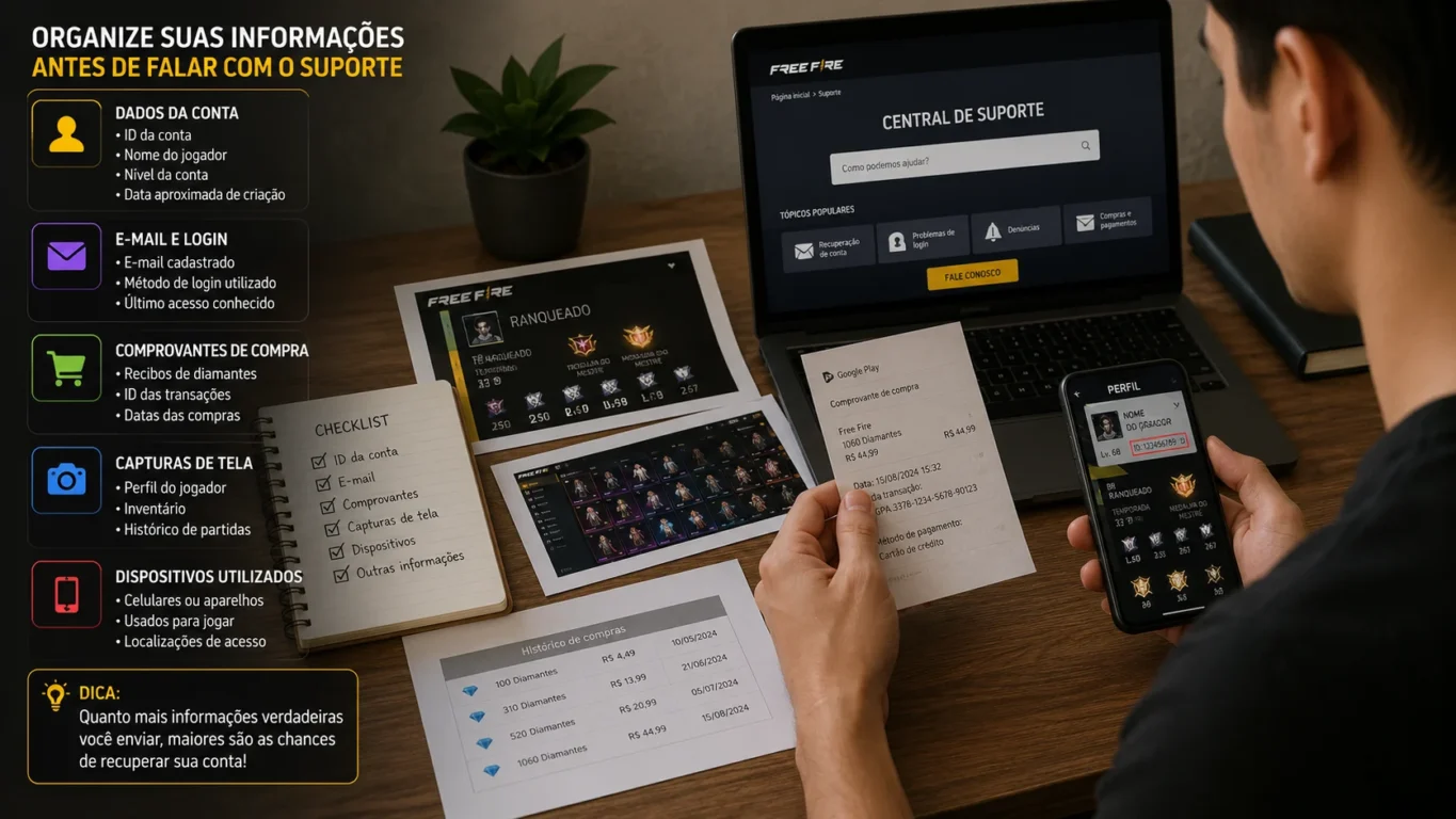 Pessoa organizando comprovantes de compras, capturas de tela e informações da conta antes de entrar em contato com o suporte da Garena.