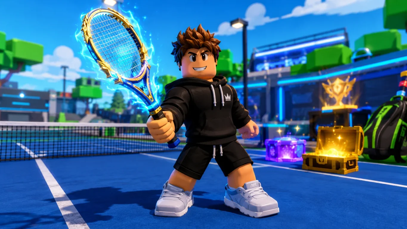 [Imagem: jogador de Neo Tennis segurando uma raquete rara em uma quadra de tênis estilizada no Roblox]
