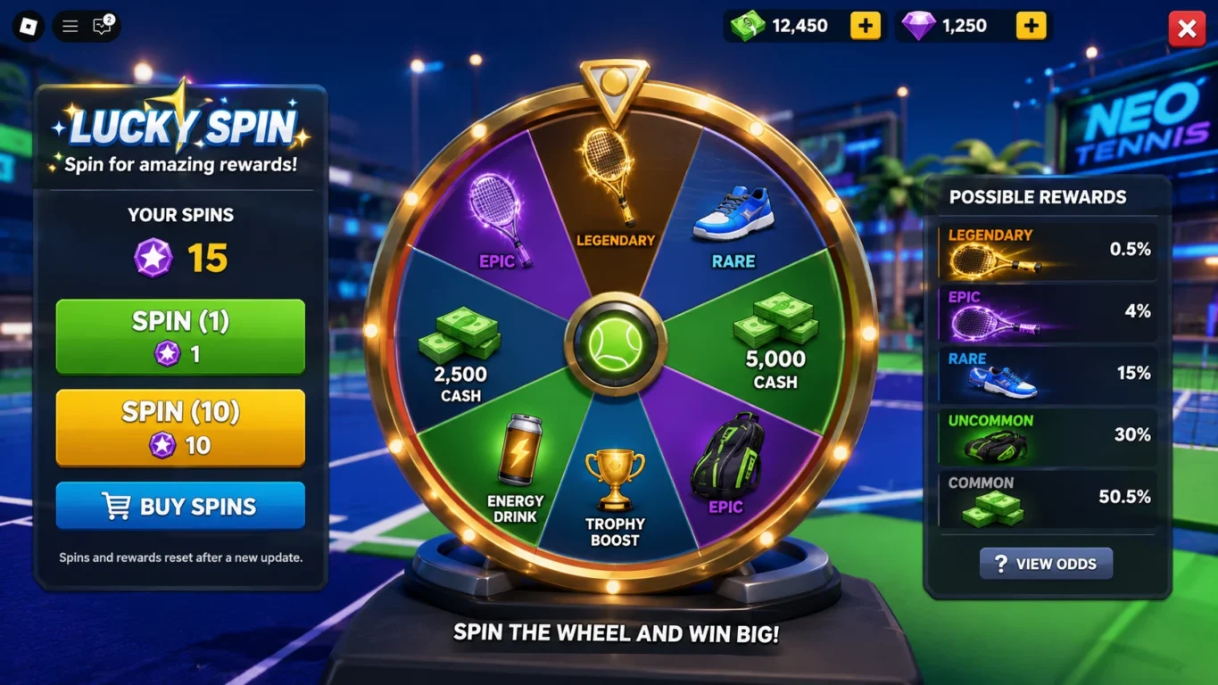 [Imagem: tela mostrando o sistema de Lucky Spins do Neo Tennis com diferentes recompensas possíveis]