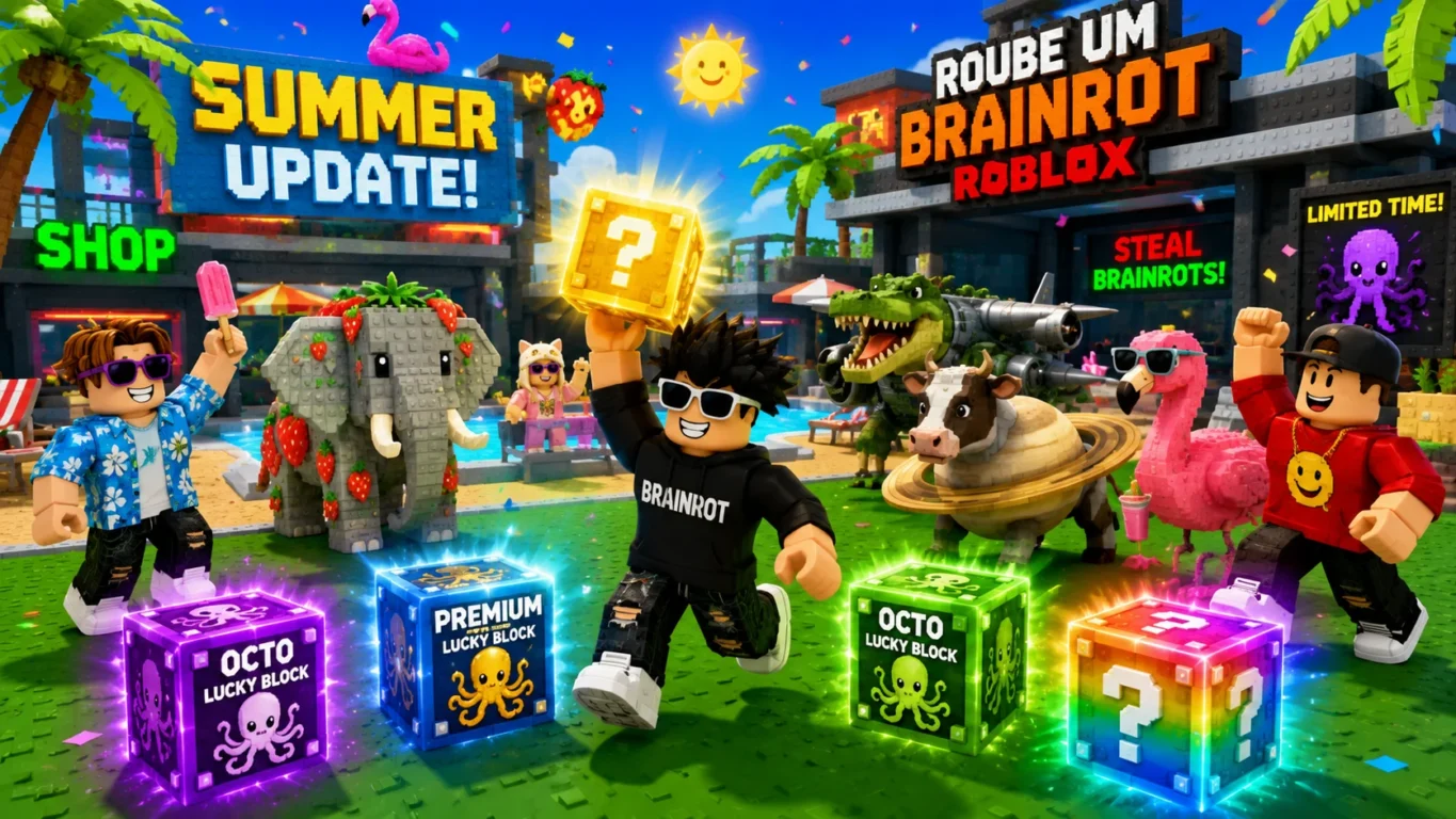 [Imagem: Atualização de verão no Roube um Brainrot com personagens e Lucky Blocks.]