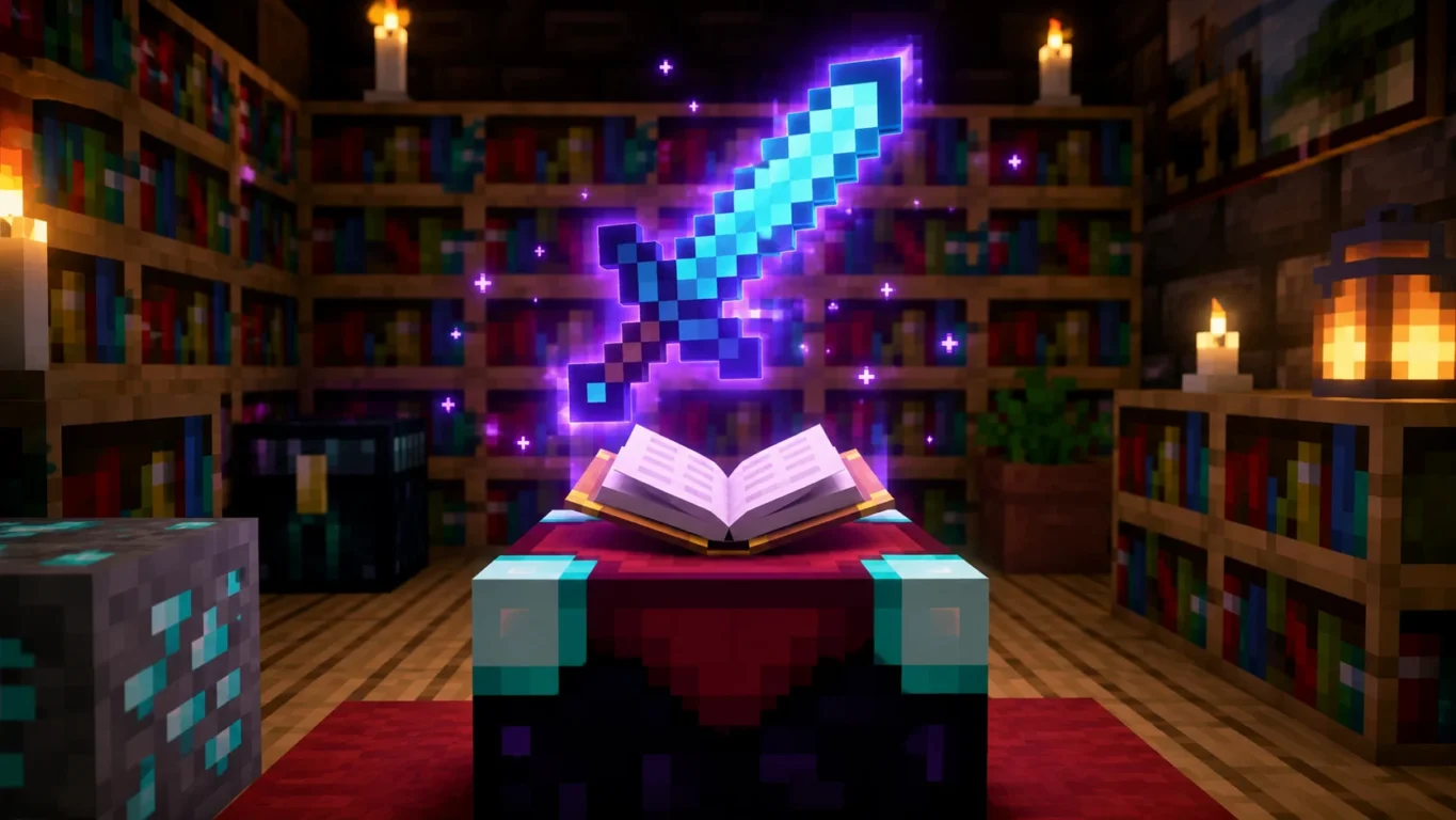 [Imagem: Espada de diamante encantada brilhando sobre uma mesa de encantamentos em uma biblioteca do Minecraft.]