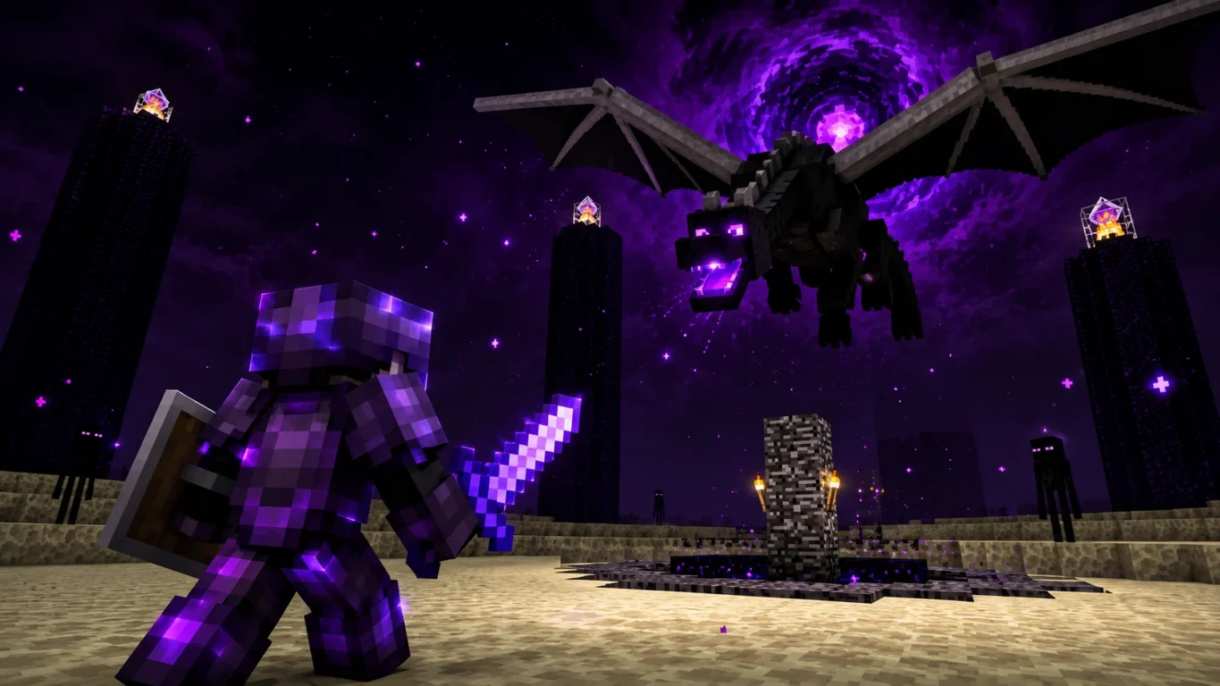 [Imagem: Jogador totalmente equipado com armadura de netherita encantada enfrentando o Ender Dragon.]