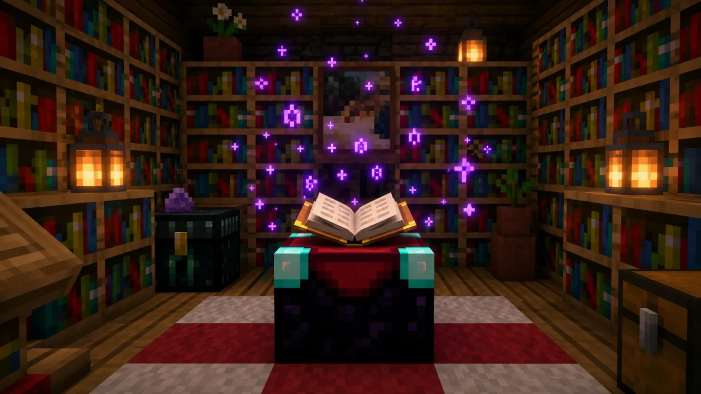 [Imagem: Mesa de encantamentos cercada por estantes com partículas mágicas no Minecraft.]