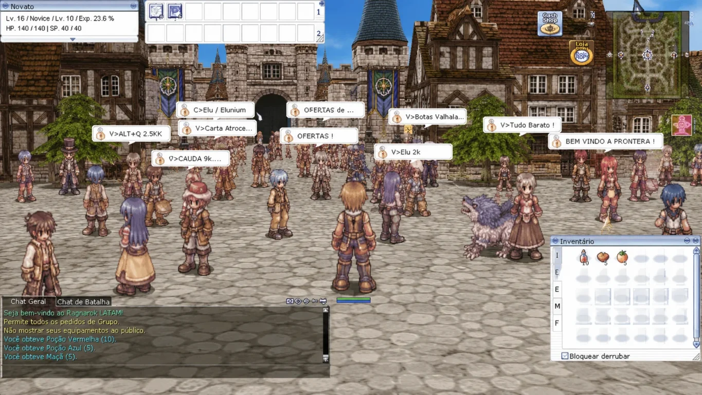 [Imagem: Personagem iniciante explorando Prontera com diversos jogadores ao redor e interface do Ragnarok LATAM.]