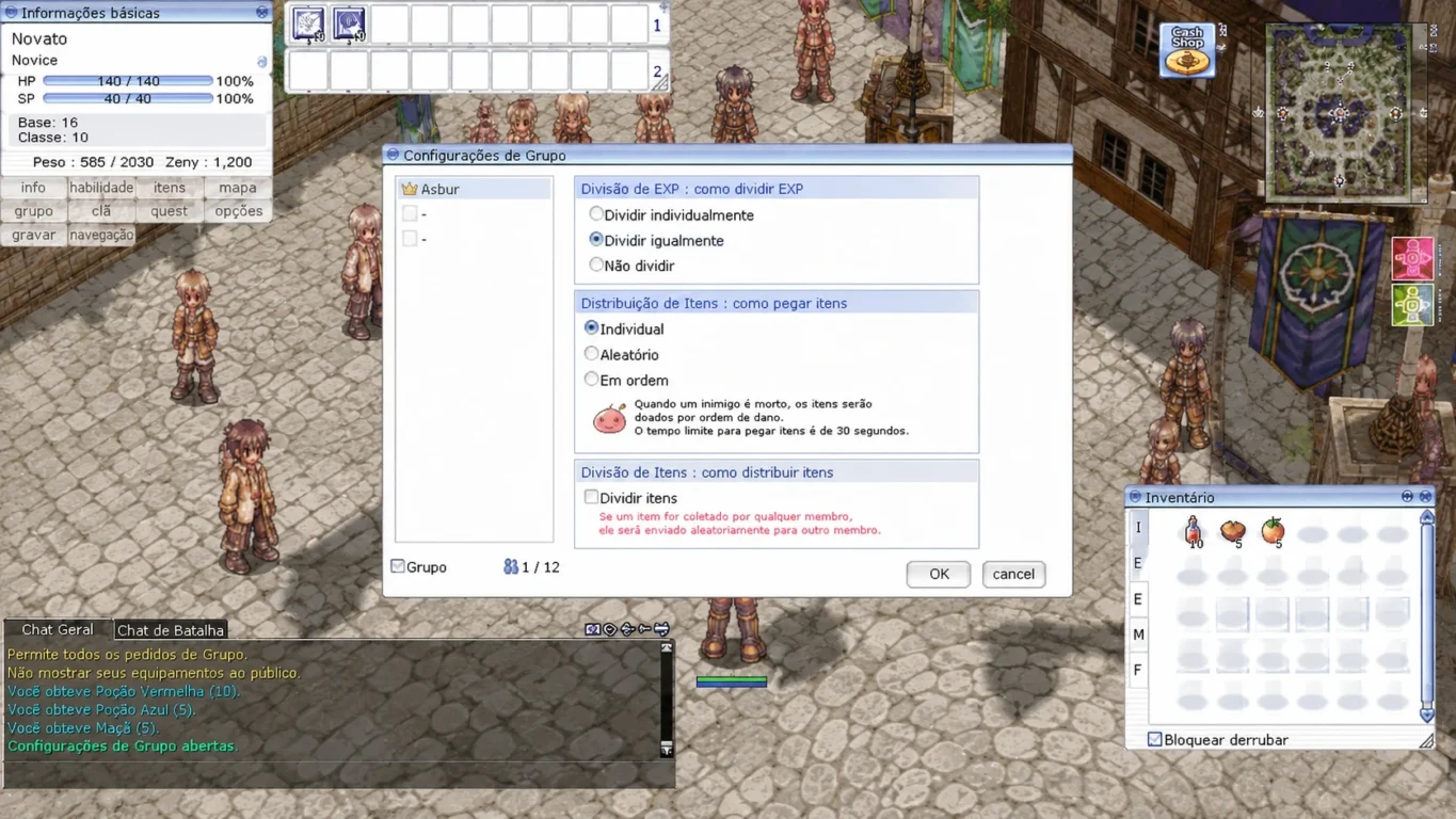 [Imagem: Interface de configuração de grupo aberta mostrando as opções de divisão de EXP.]