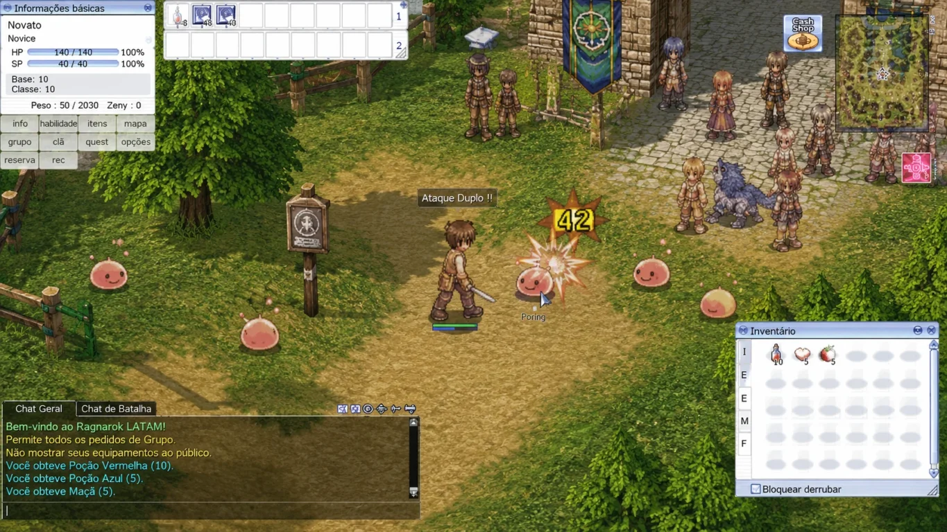 [Imagem: Personagem enfrentando Porings próximos à área inicial do Ragnarok LATAM.]