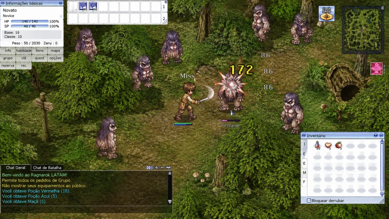 [Imagem: Personagem enfrentando Pés Grandes em uma floresta com diversos monstros próximos.]