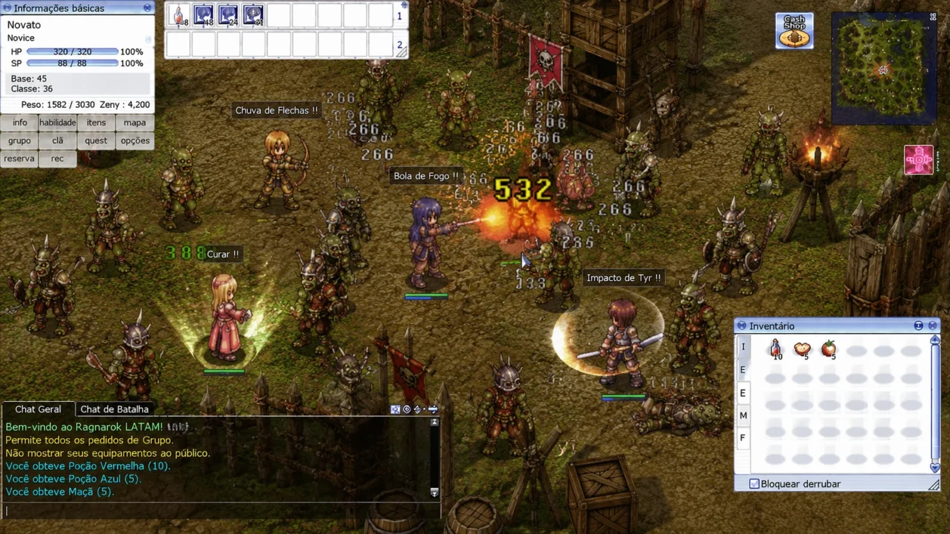 [Imagem: Grupo de jogadores enfrentando vários Orcs na Vila dos Orcs.]