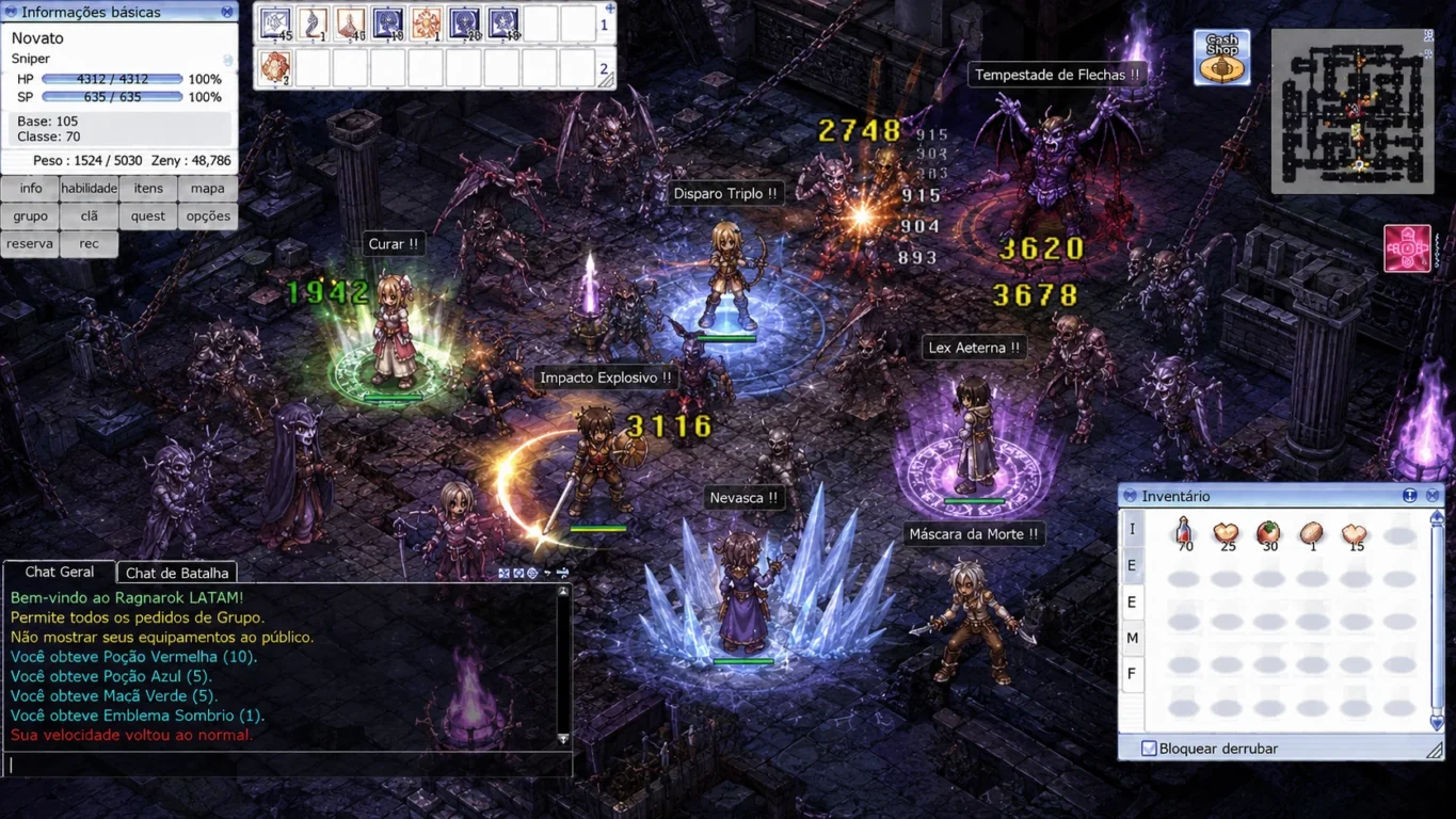 [Imagem: Grupo completo enfrentando monstros em um mapa avançado do Ragnarok LATAM.]