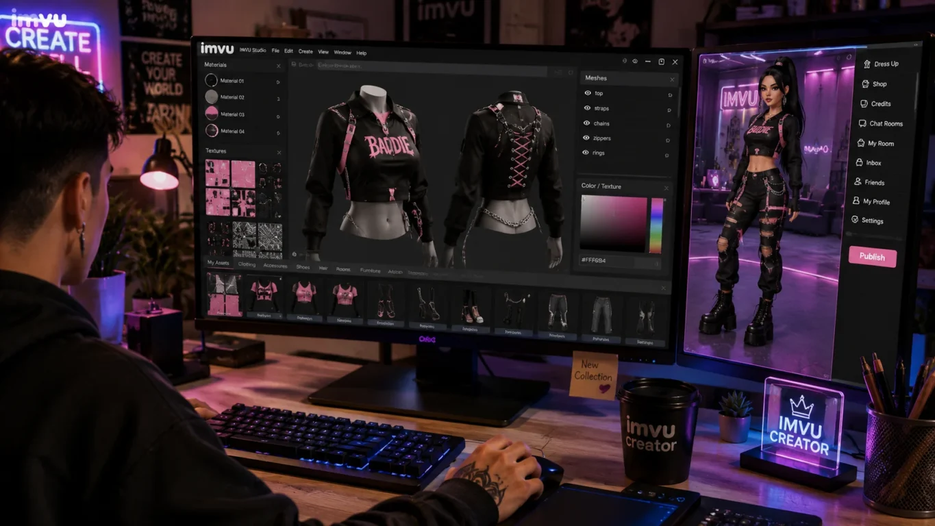 Criador editando roupas virtuais para vender no IMVU