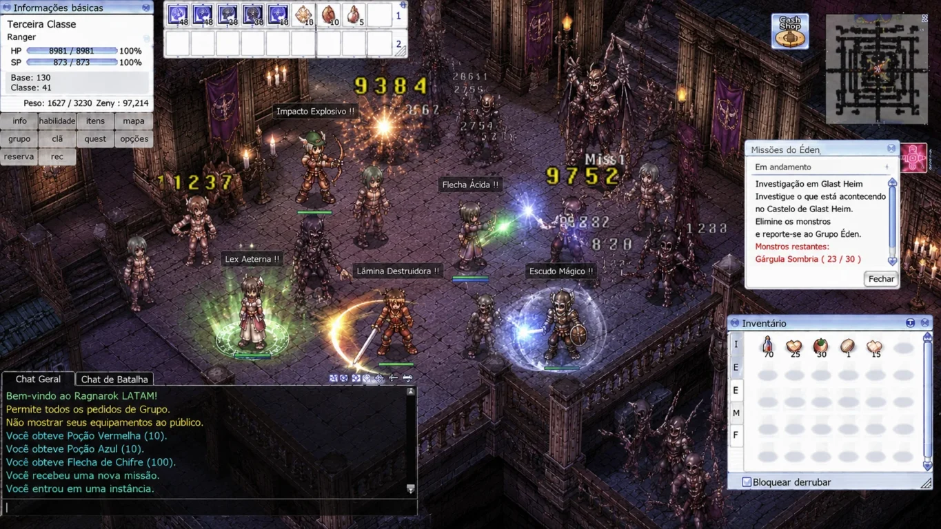 [Imagem: Castelo de Glast Heim com personagens enfrentando monstros durante as missões do Éden.]