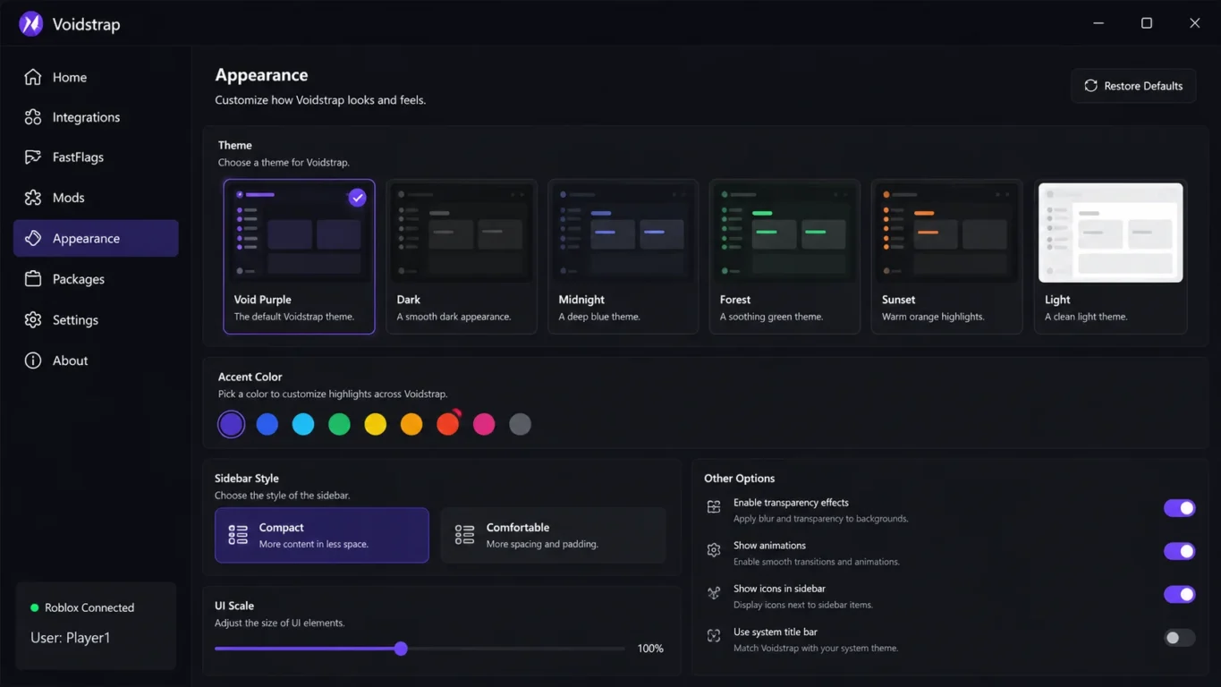 [Imagem: Menu de aparência do Voidstrap com diferentes temas.]