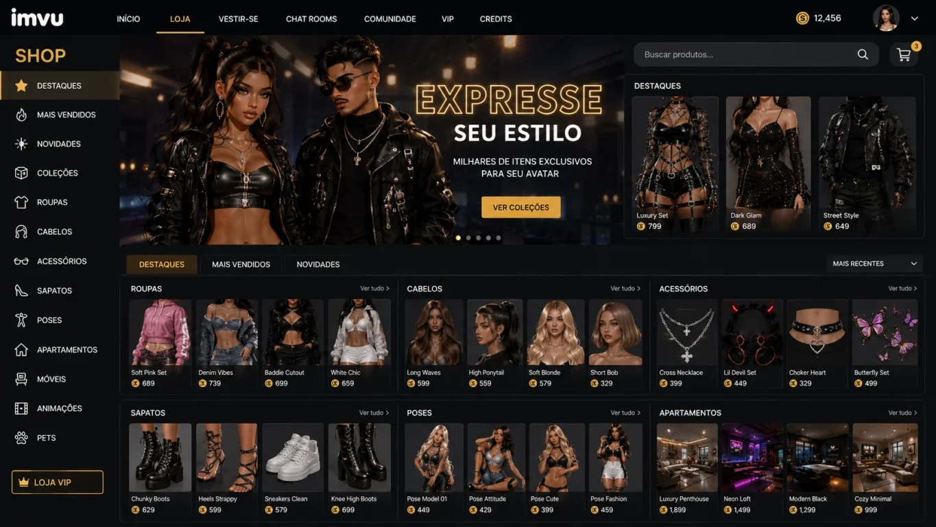 Loja virtual do IMVU exibindo roupas e acessórios em destaque