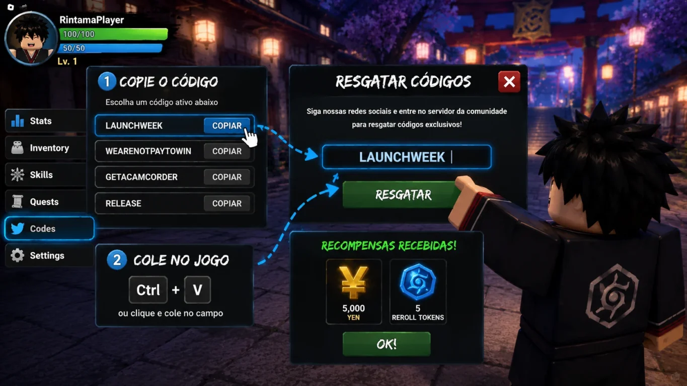 [Imagem: Jogador copiando um código promocional e colando na caixa de resgate dentro de Rintama.]
