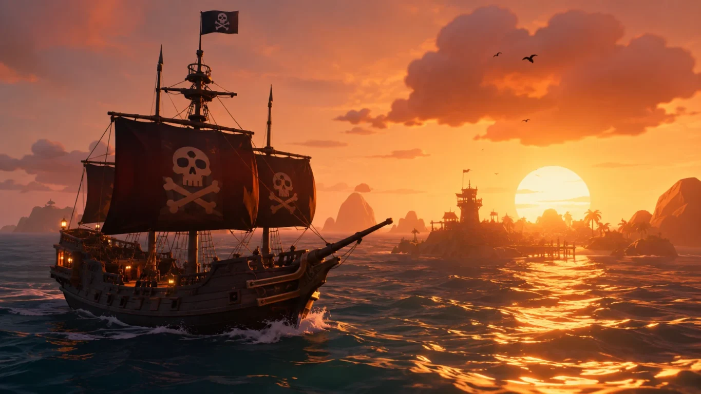 [Imagem: navio pirata navegando durante o pôr do sol em Sea of Thieves]