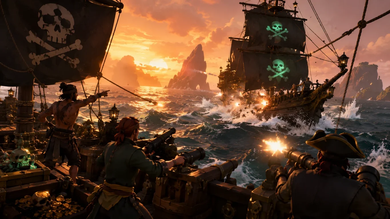 [Imagem: tripulação enfrentando outro navio em alto-mar]