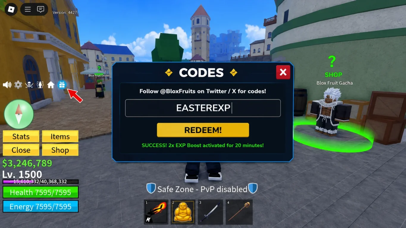 [Imagem: Tela de resgate de códigos do Blox Fruits mostrando um código sendo inserido.]