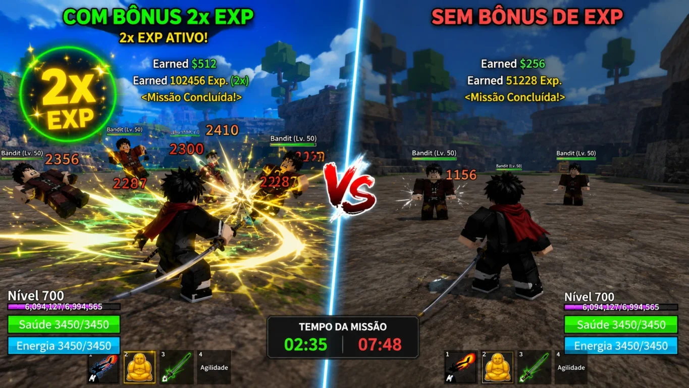 [Imagem: Comparação entre jogador com bônus de XP e jogador sem bônus durante uma batalha.]
