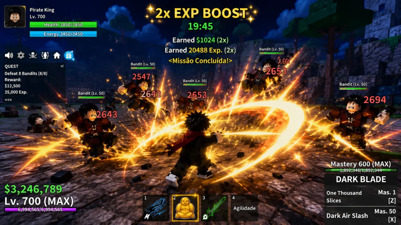 [Imagem: Jogador utilizando bônus de XP enquanto derrota vários inimigos em sequência.]
