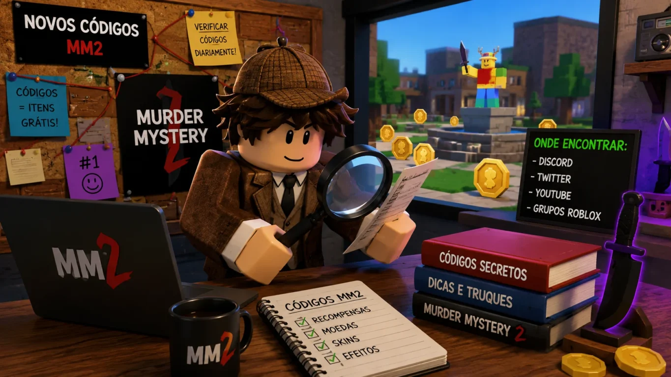 [Imagem: personagem inspirado no universo de Murder Mystery 2 investigando códigos e conteúdos relacionados ao jogo em um cenário colorido no estilo Roblox]