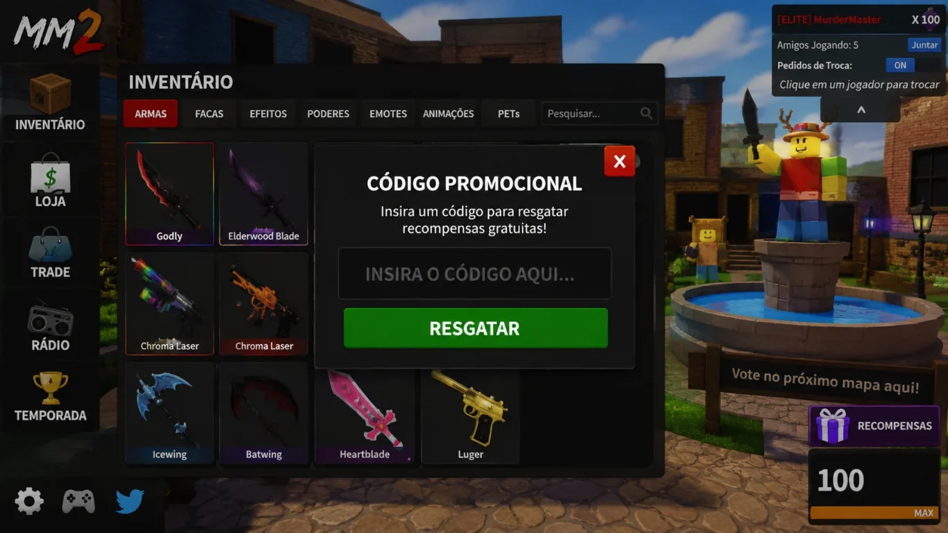 [Imagem: interface conceitual de Murder Mystery 2 com campo para inserir código promocional e inventário de itens ao fundo]