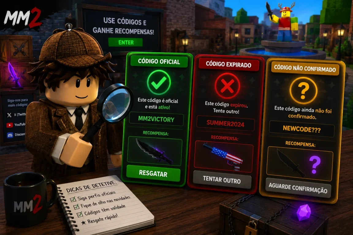 [Imagem: jogador de Roblox segurando uma lupa diante de três cartões representando código oficial, código expirado e código não confirmado]