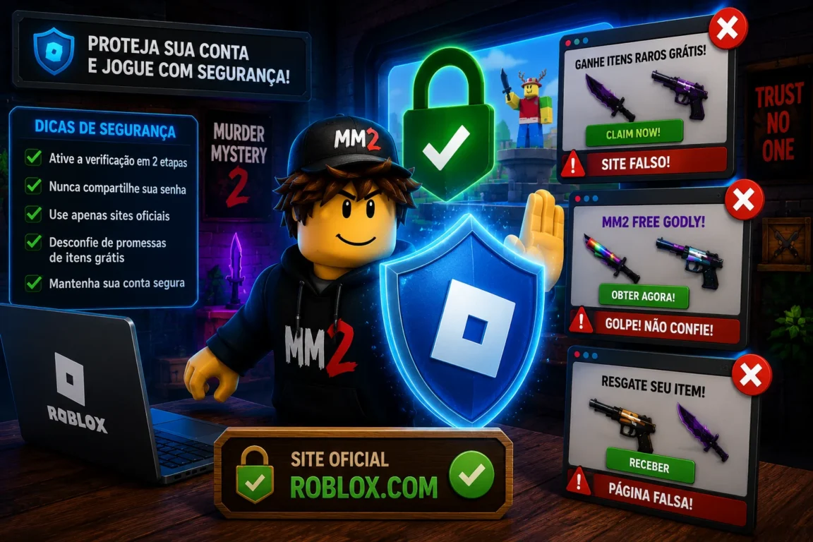 Imagem criada em estilo Roblox/MM2, mostrando o jogador protegendo a conta e bloqueando páginas falsas que prometem itens raros gratuitamente.
