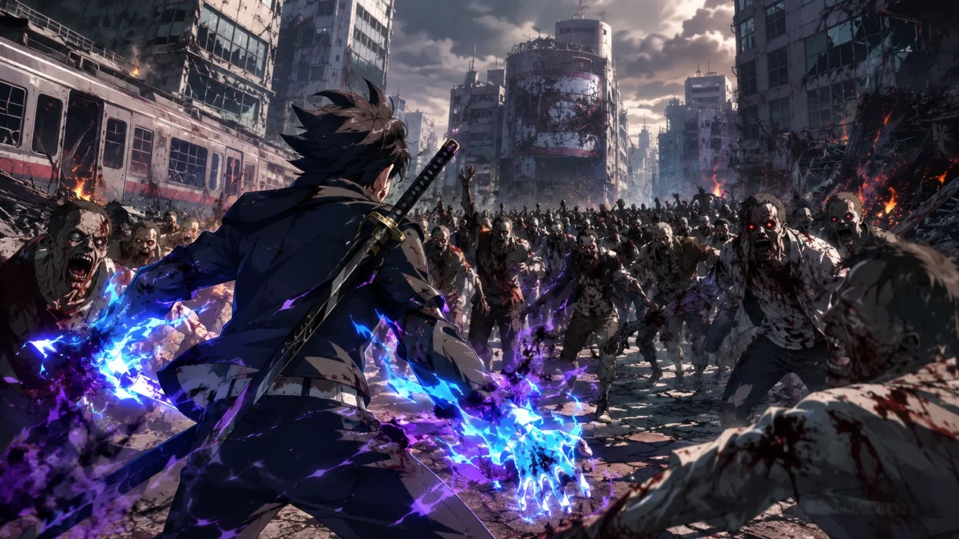 [Imagem: personagem inspirado em anime enfrentando uma grande horda de zumbis em uma cidade destruída]