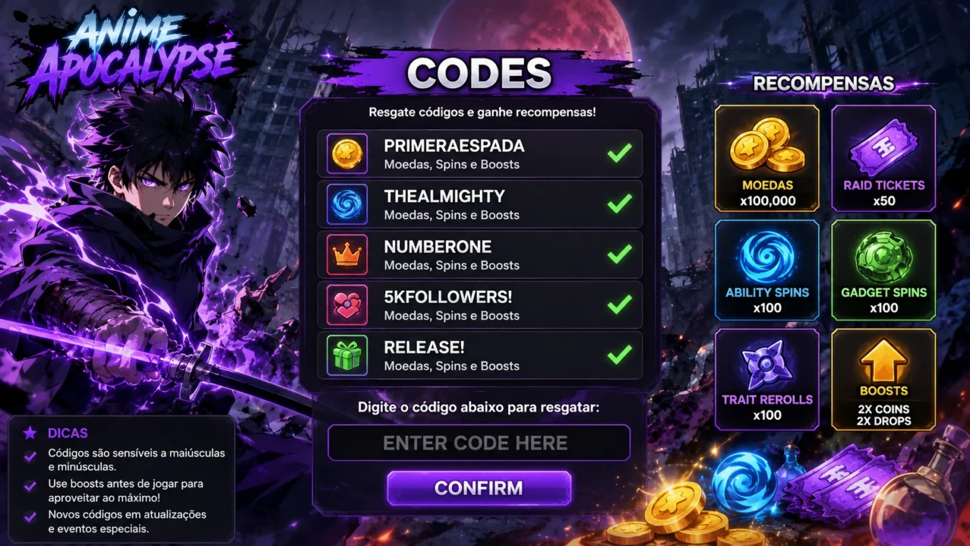 [Imagem: tela temática de Anime Apocalypse exibindo códigos promocionais, moedas, tickets e spins como recompensas]