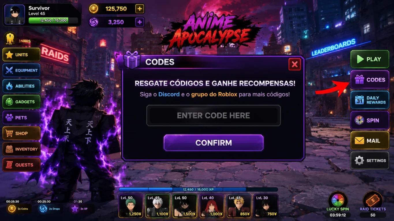 [Imagem: interface de um jogo de anime no Roblox mostrando uma janela de resgate de códigos com campo para inserir código e botão de confirmação]
