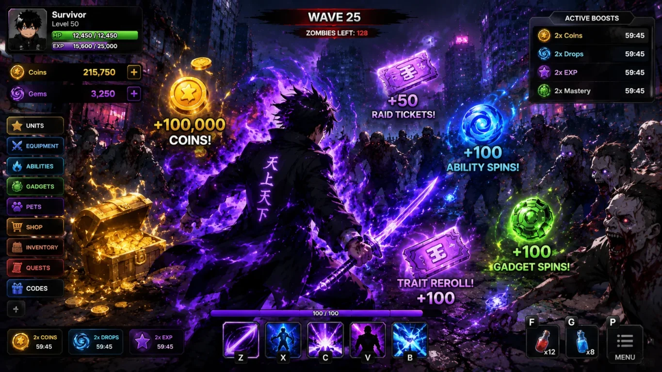 [Imagem: jogador de Anime Apocalypse cercado por efeitos de habilidades, moedas, tickets e itens enquanto enfrenta zumbis]