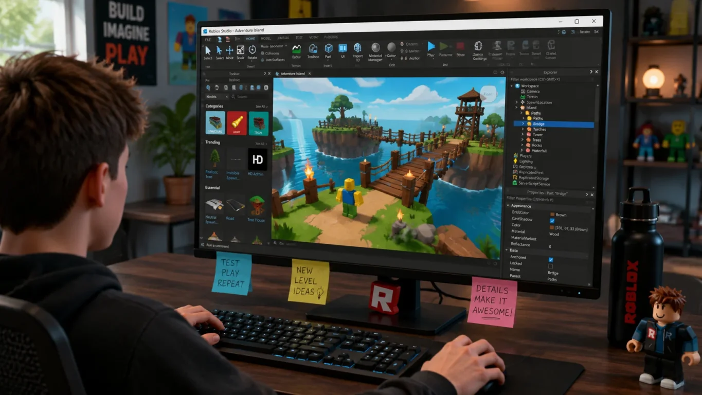[Imagem: Desenvolvedor utilizando o Roblox Studio para criar uma nova experiência.]