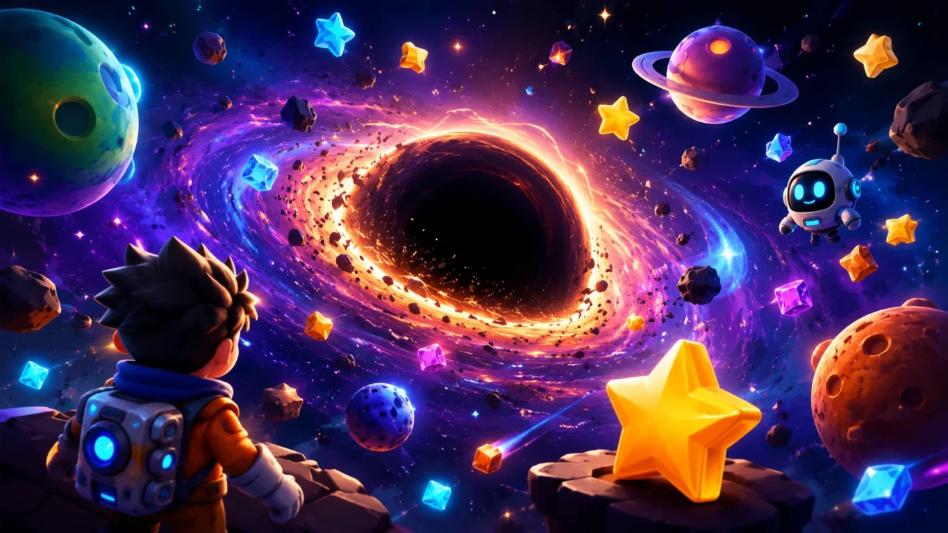 [Imagem: personagem próximo de um enorme buraco negro espacial cercado por estrelas, planetas e elementos brilhantes inspirados em um jogo de merge]