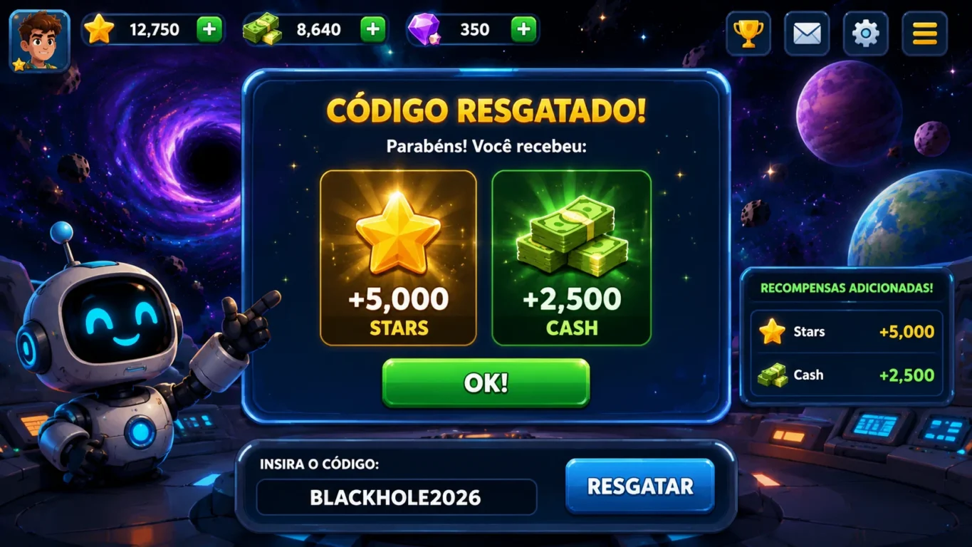 [Imagem: interface fictícia de jogo espacial mostrando Stars e Cash sendo recebidos após o resgate de um código]