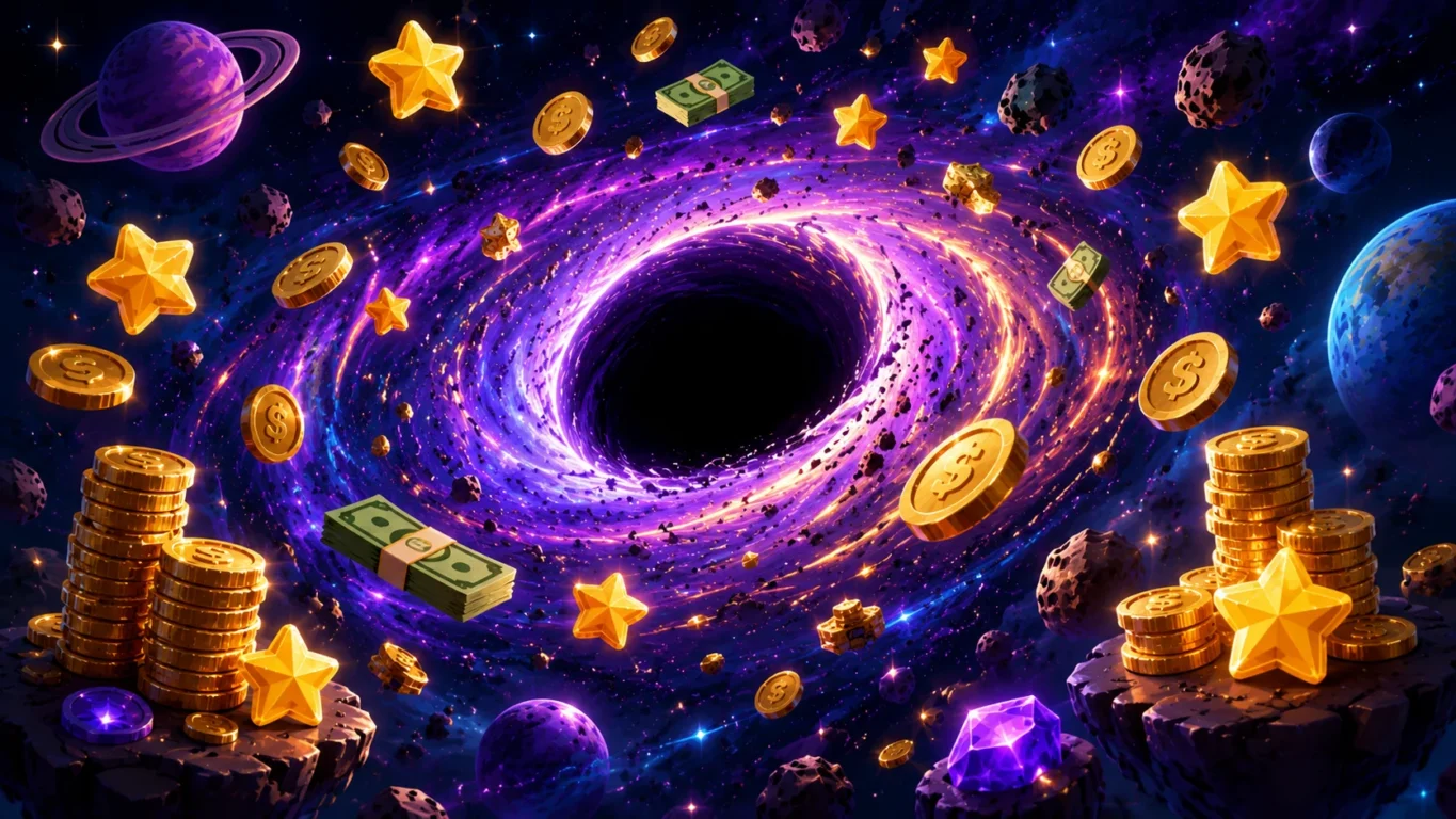 [Imagem: pilhas de moedas e estrelas brilhantes flutuando no espaço ao redor de um buraco negro estilizado]