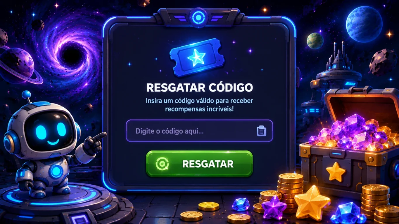 [Imagem: tela fictícia de resgate de códigos de um jogo espacial com campo para inserir código e botão de confirmação]