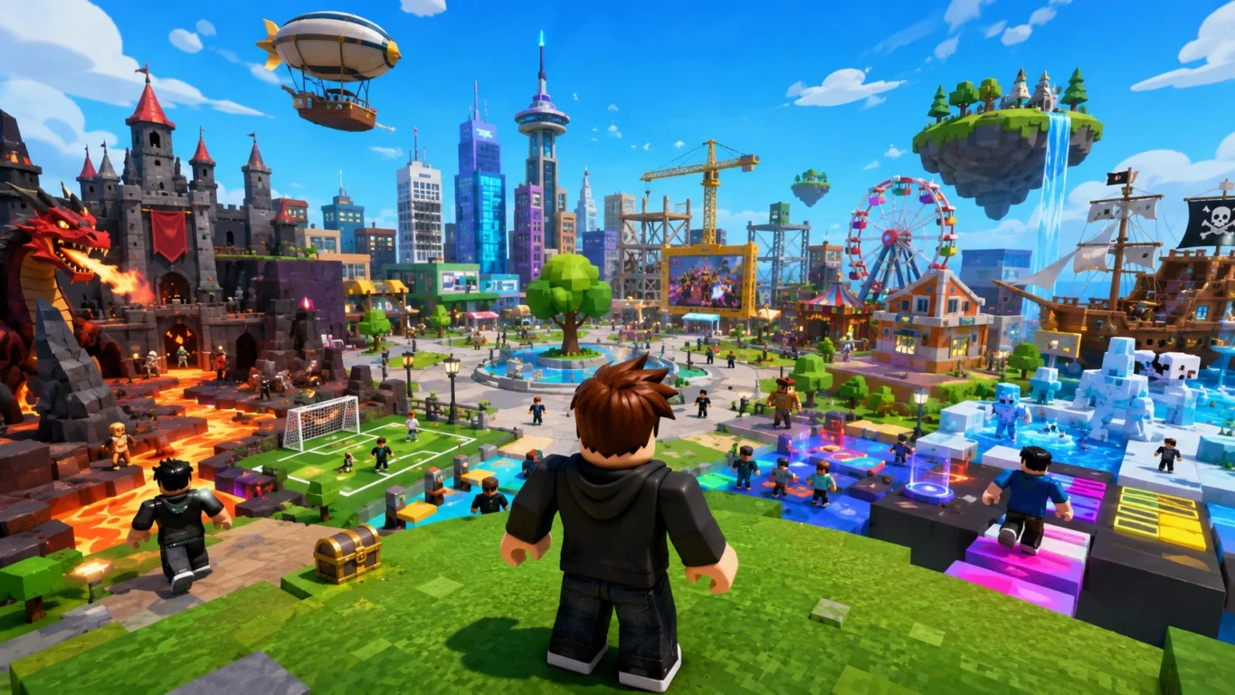[Imagem: jogador iniciante explorando uma experiência colorida no Roblox com diferentes cenários ao fundo]