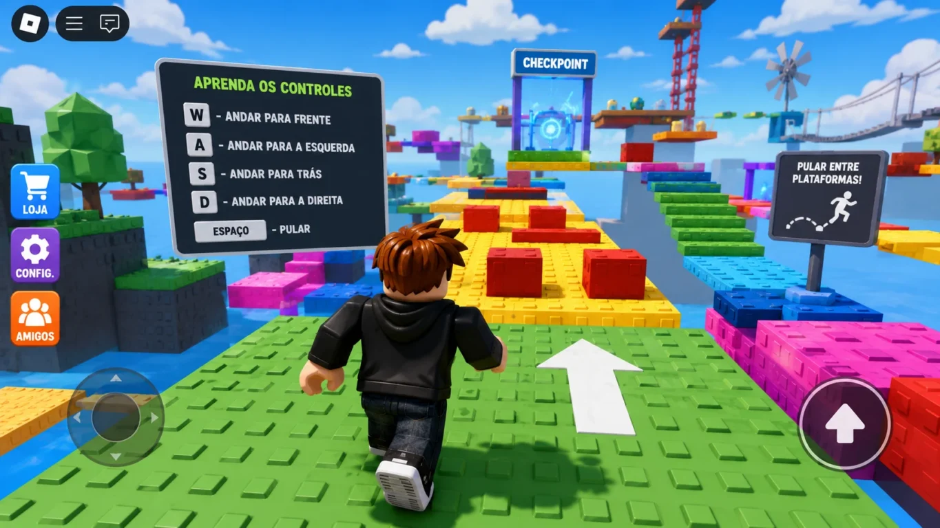 [Imagem: personagem do Roblox aprendendo controles básicos de movimentação em um cenário de obstáculos]