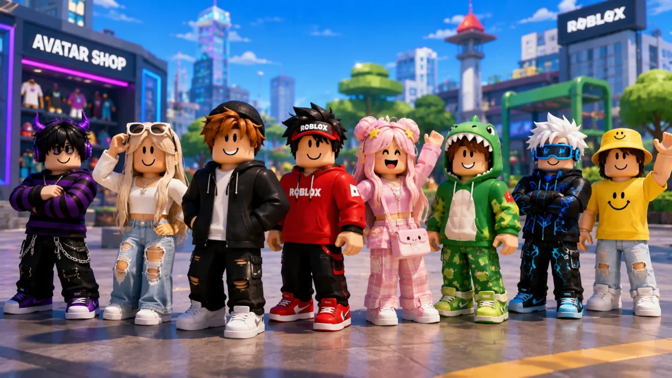 [Imagem: diferentes avatares do Roblox com roupas, acessórios e estilos variados]