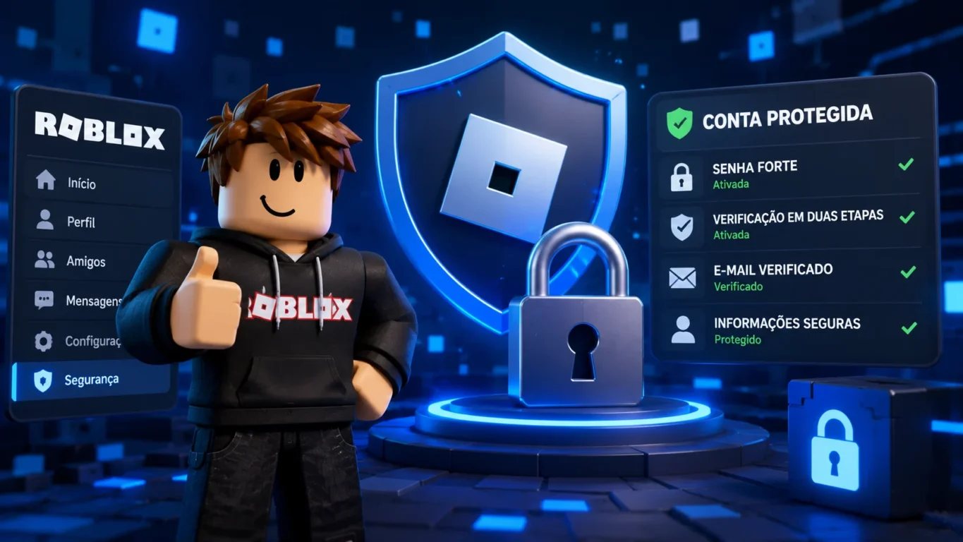 [Imagem: conta Roblox protegida simbolicamente por escudo e cadeado em ambiente digital]