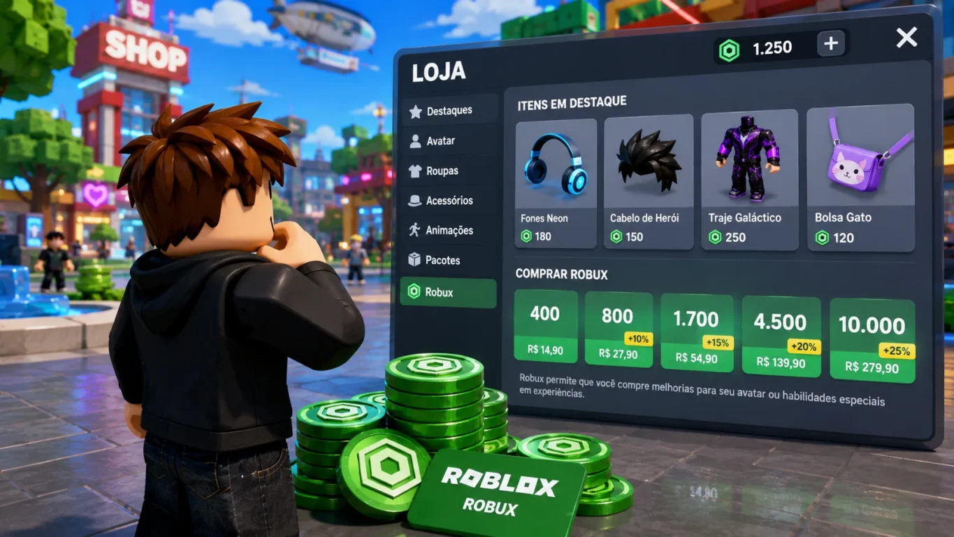 [Imagem: moedas virtuais Robux ao lado de um avatar analisando uma loja dentro de uma experiência]
