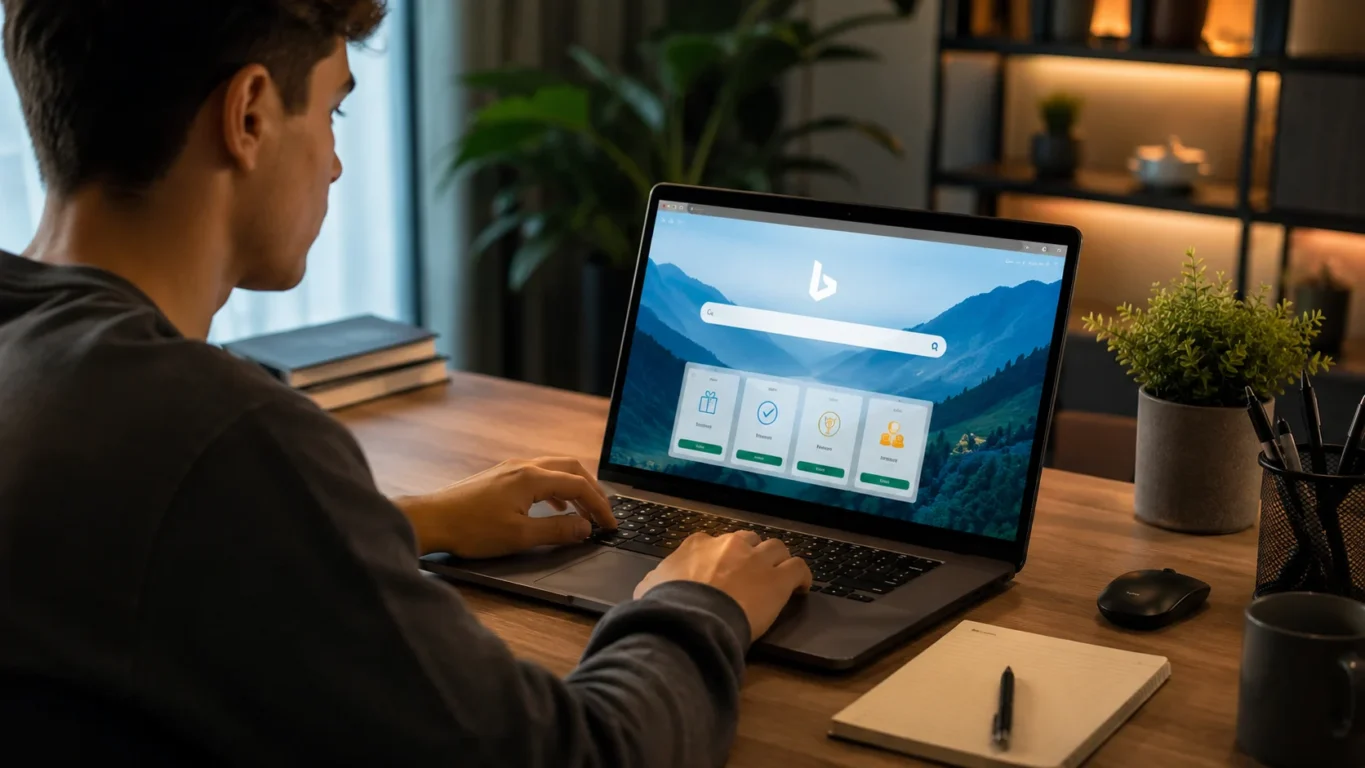 usuário realizando pesquisas no Bing enquanto acompanha a evolução dos pontos do Microsoft Rewards