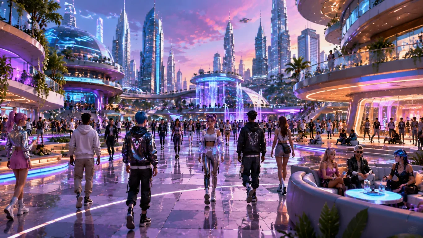 [Imagem: cidade futurista dentro do Second Life]