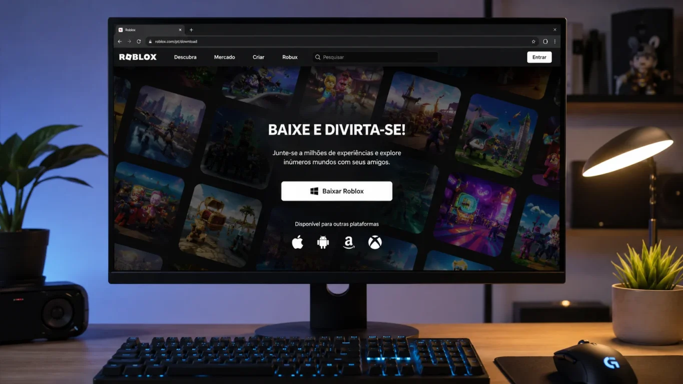 [Imagem: computador exibindo a página oficial de download do Roblox]