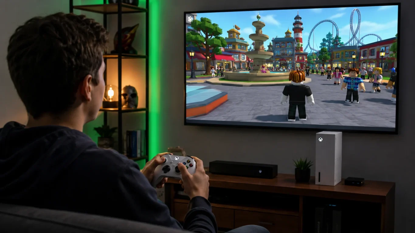 [Imagem: jogador utilizando Roblox em um console Xbox]