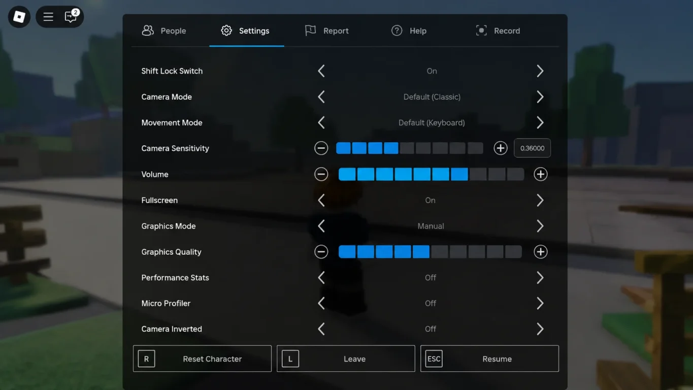 [Imagem: menu de configurações gráficas do Roblox]