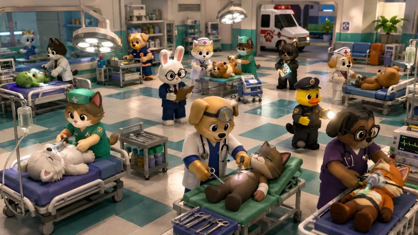 [Imagem: Jogadores realizando tarefas no hospital utilizando diferentes classes.]