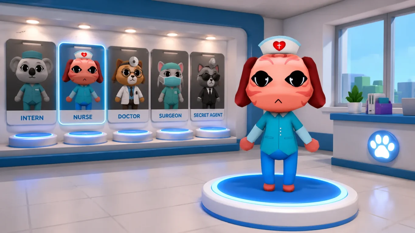 [Imagem: Personagem Nurse utilizando uniforme médico azul dentro da loja de classes.]