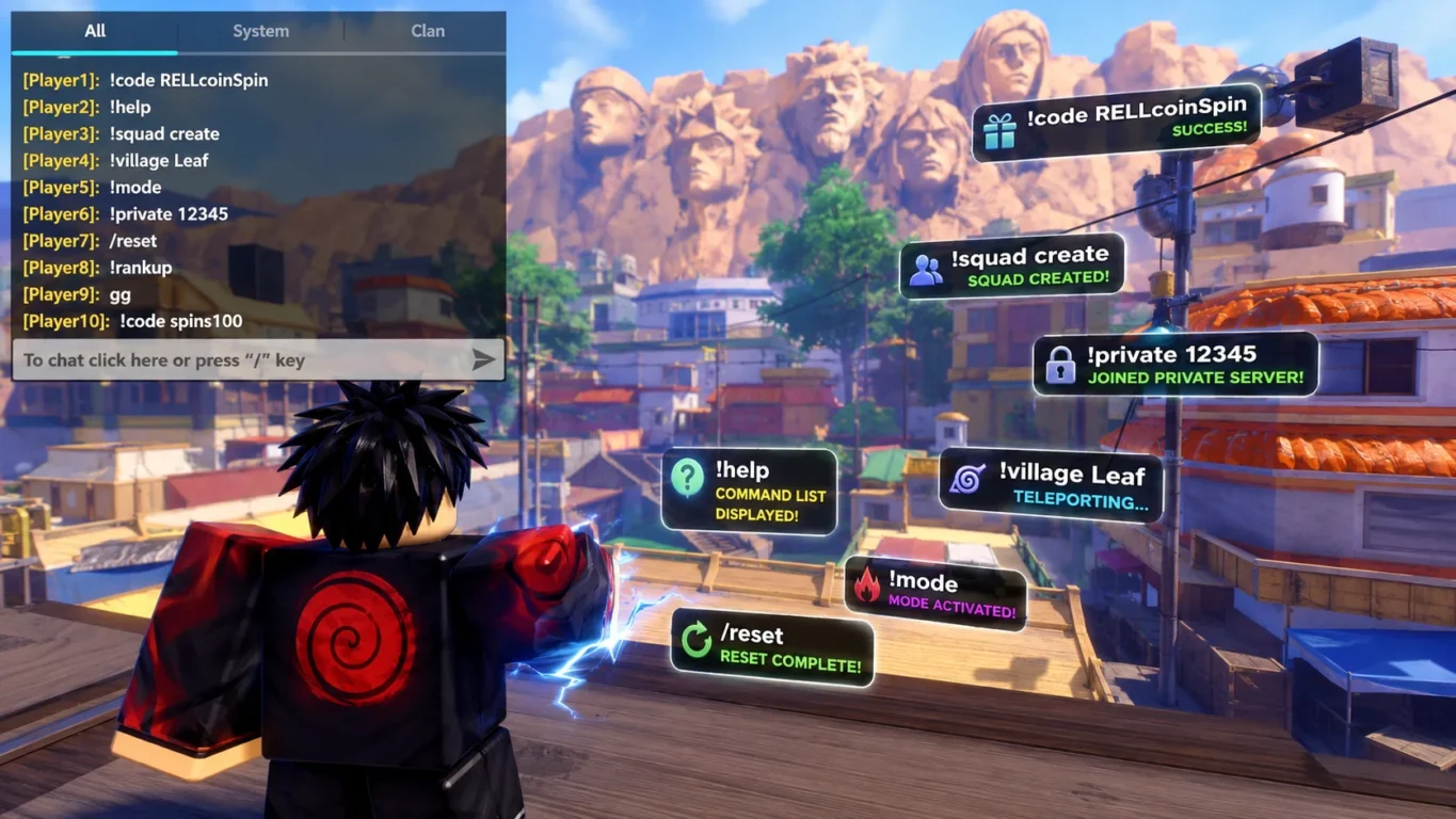 [Imagem: Jogador utilizando o chat do Shindo Life enquanto diversos comandos aparecem na tela em um cenário inspirado em uma vila ninja.]